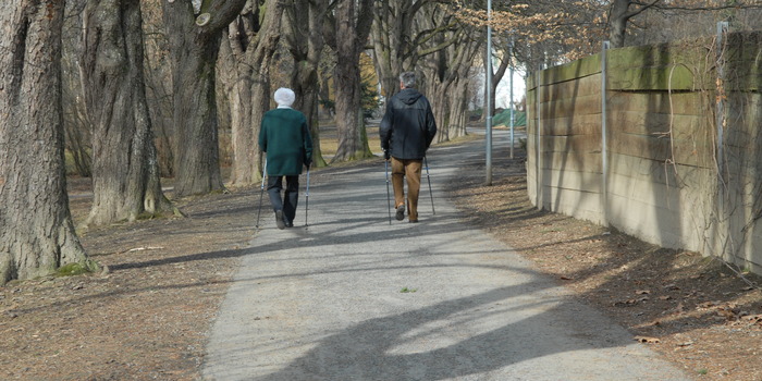 Zwei ältere Personen gehen im Park spazieren